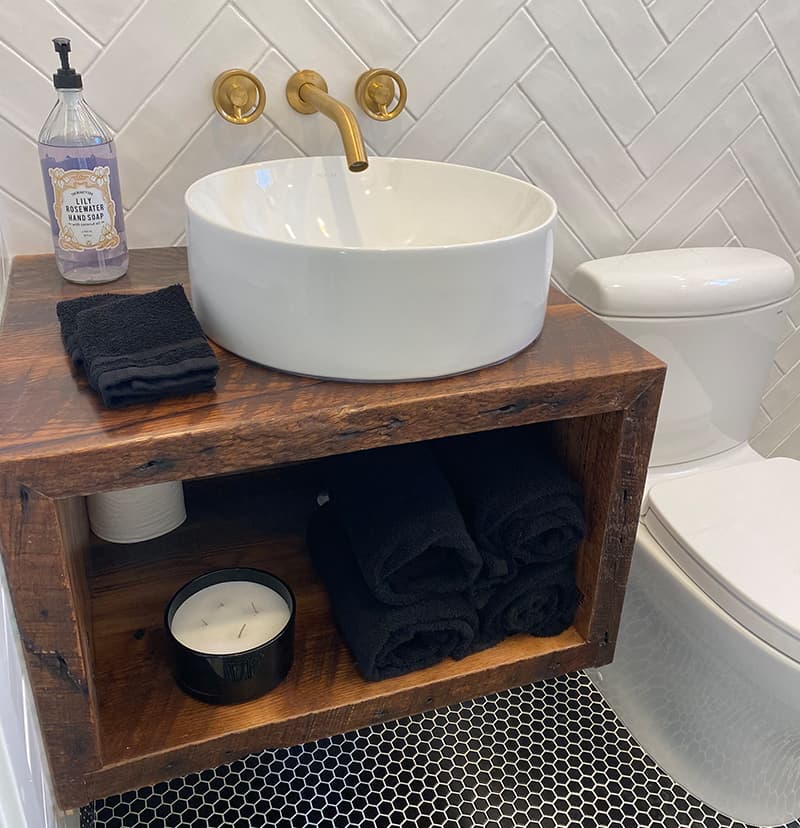 Custom Floating Bathroom Vanity Made from Authentic Barnwood for San Marcos Home